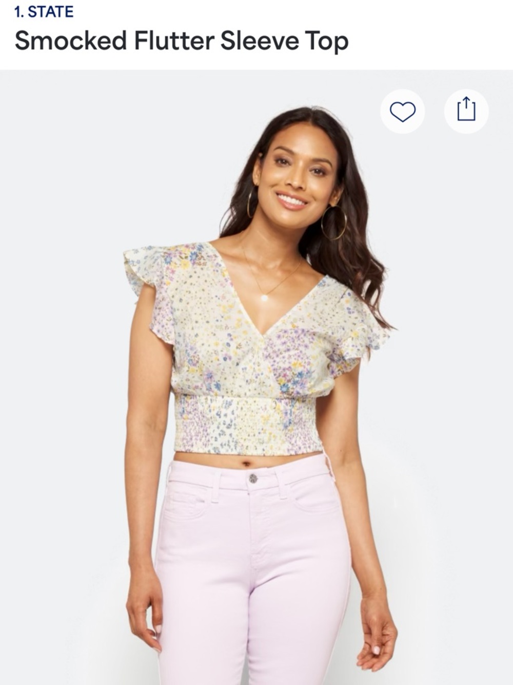 1. State Smocked Flutter Sleeve Top White with Purple and Yellow Flowers